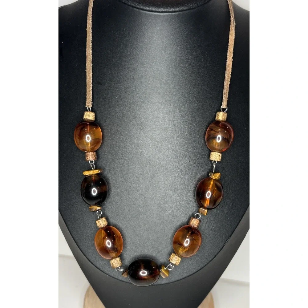 Amber Acrylic Bead Necklace Brown Suede Cord 34